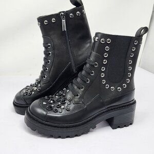Karl Lagerfeld 5.5M Breck Black Studded Leather Moto Booties chunky Heel NEW